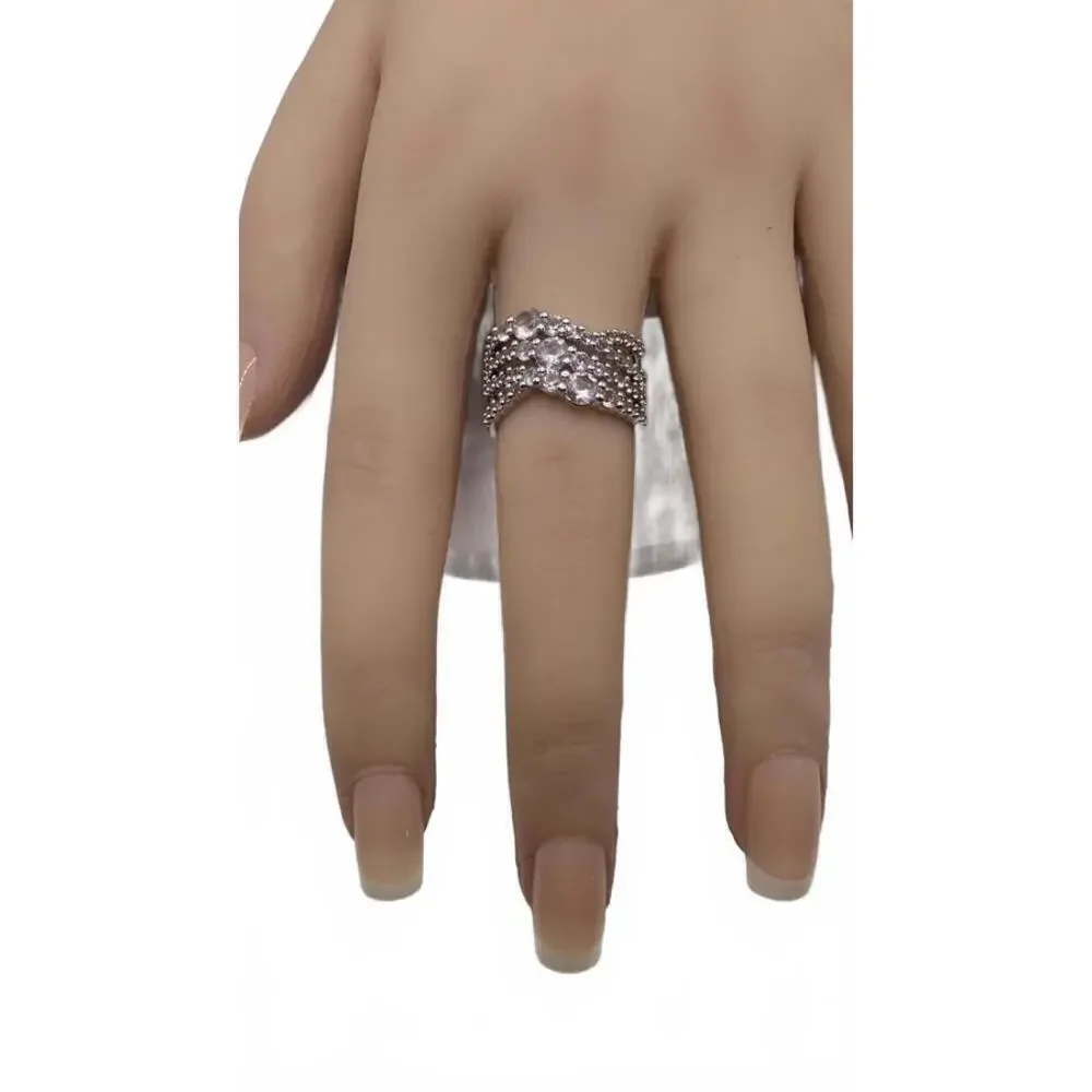 Silver Tone Multi-Row Crystal Accent Ring Size 6 - Picture 3 of 9